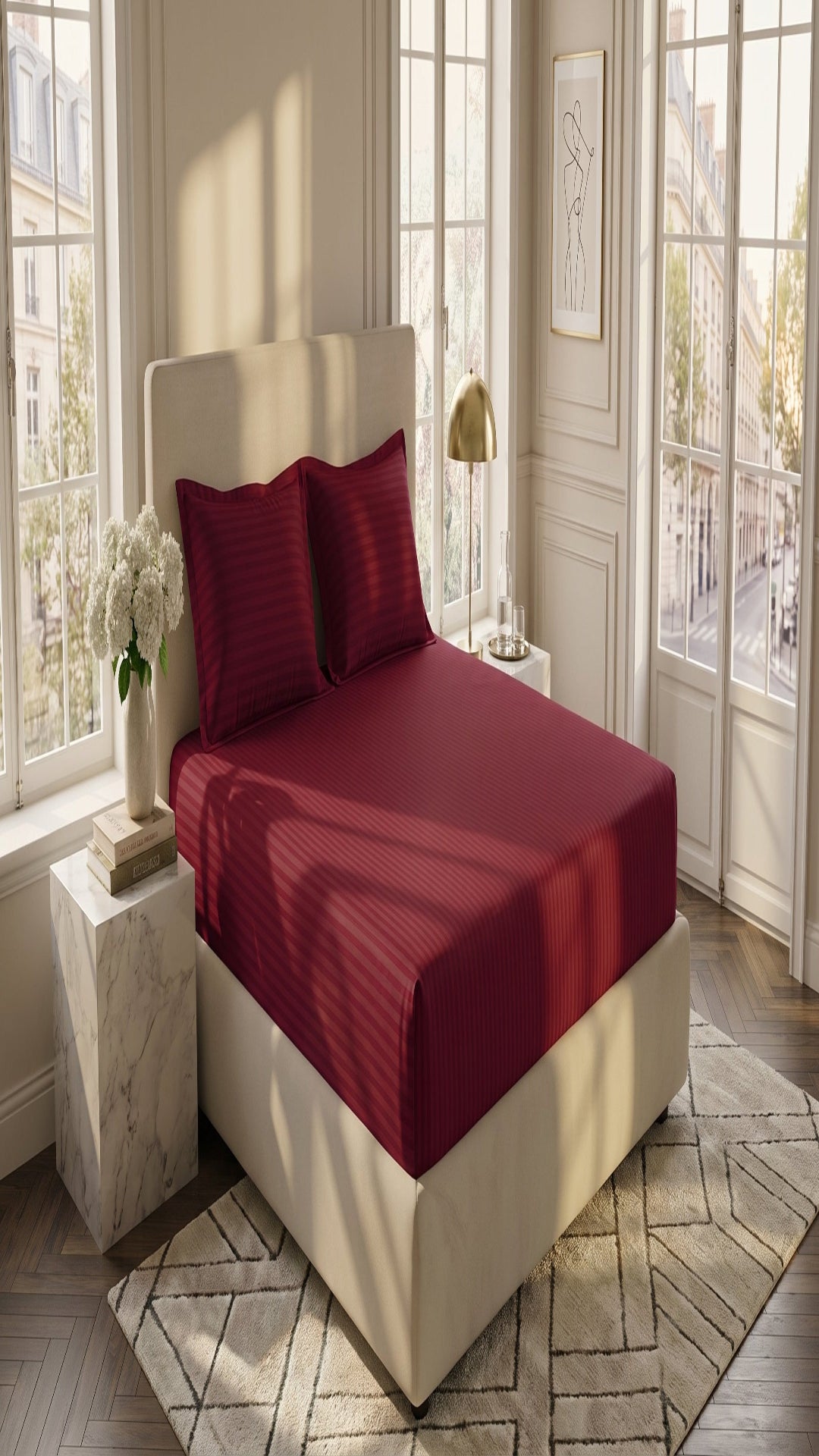 Deep Crimson Red Satin Stripe Fitted Bedsheet Set - King Size | Includes 2 Pillow Covers | Premium Cotton Bedding