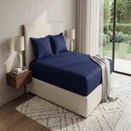 Navy Blue Stripe Fitted Bedsheet Set - King Size | Includes 2 Pillow Covers | Micro Cotton Bedding