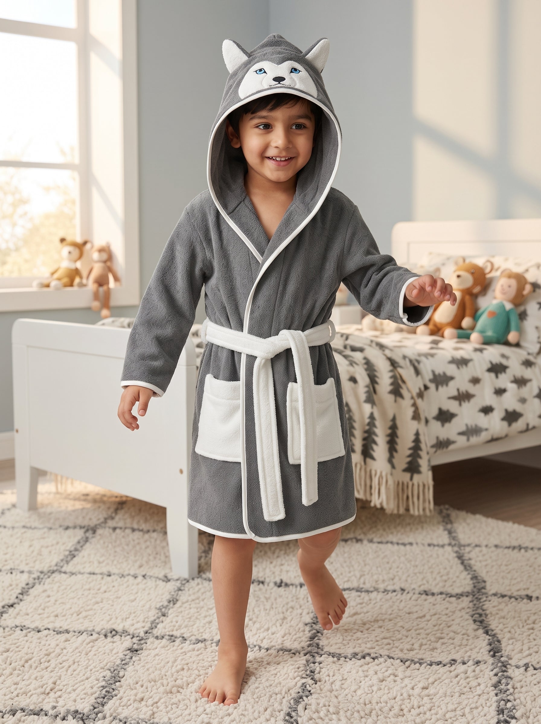 Wolf Hooded Kids Bathrobe – Dark Gray (Ages 4, 6, & 8)