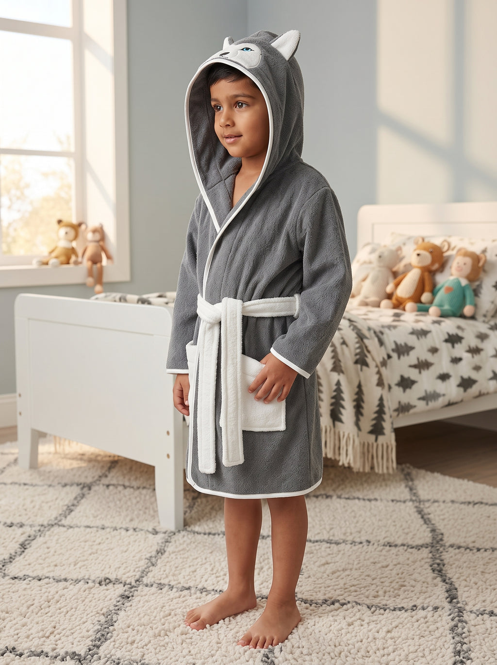 Wolf Hooded Kids Bathrobe – Dark Gray (Ages 4, 6, & 8)