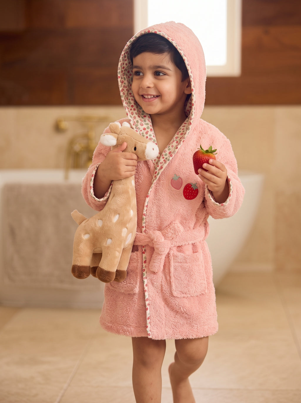 Strawberry Hooded Kids Bathrobe – Pink (Ages 1 to 3 Years)
