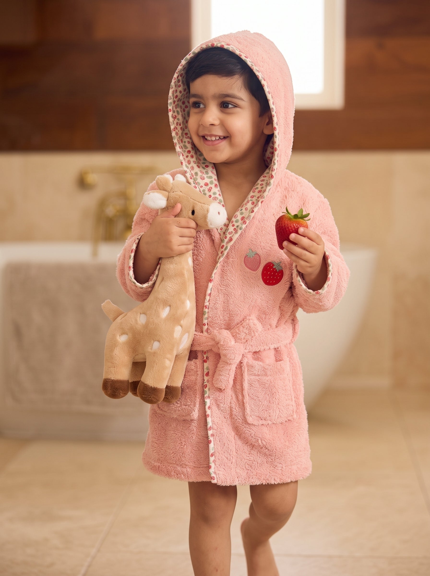 Strawberry Hooded Kids Bathrobe – Pink (Ages 1 to 3 Years)