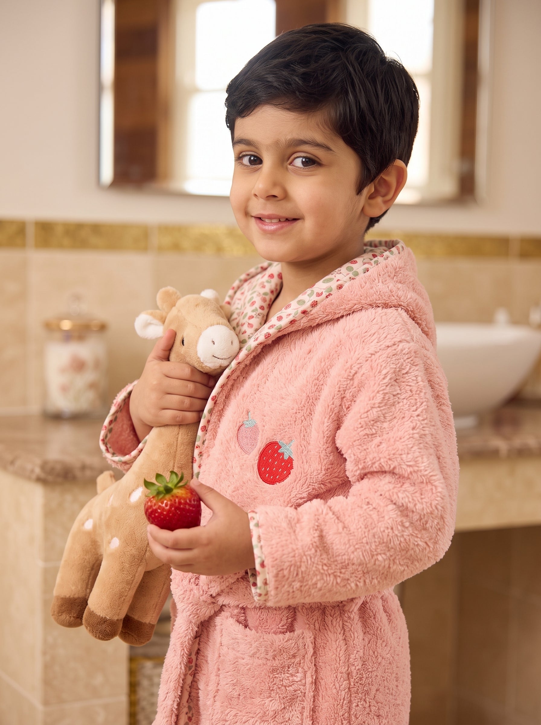 Strawberry Hooded Kids Bathrobe – Pink (Ages 1 to 3 Years)