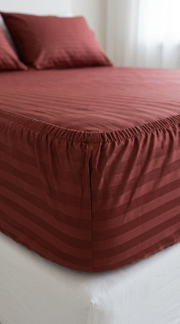 Burgundy Stripe Fitted Bedsheet Set – King Size, Sateen Cotton