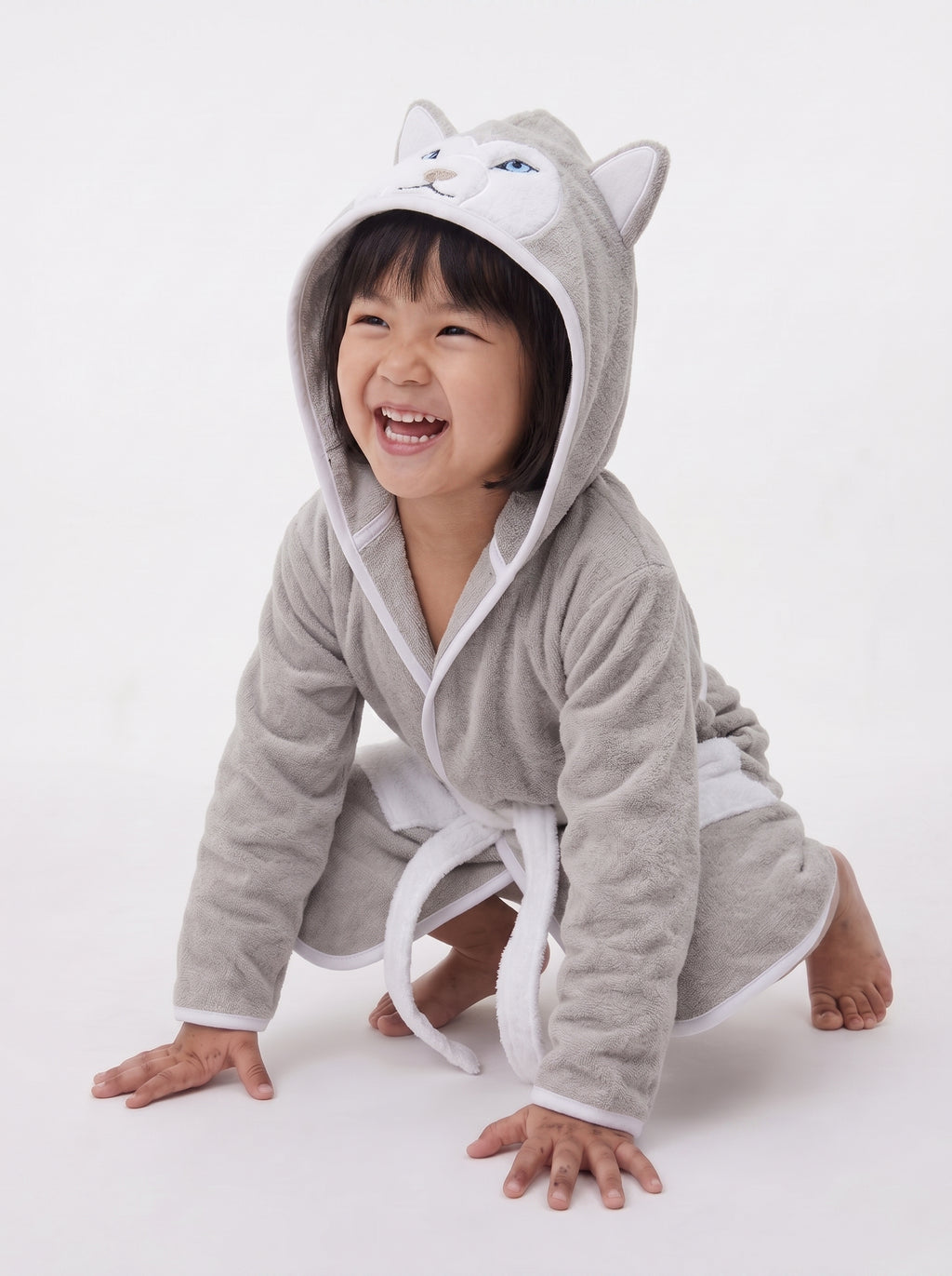 Wolf Hooded Kids Bathrobe – velvet gray (Ages 4, 6, & 8)