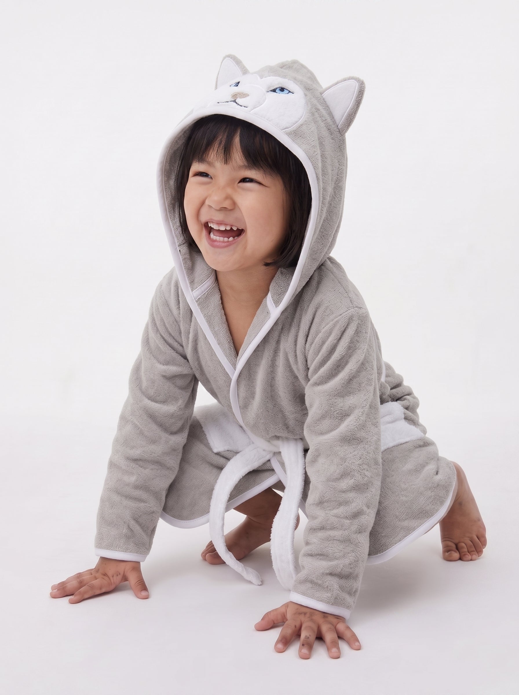 Wolf Hooded Kids Bathrobe – velvet gray (Ages 4, 6, & 8)