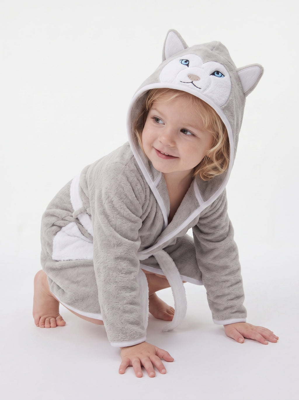 Wolf Hooded Kids Bathrobe – velvet gray (Ages 4, 6, & 8)