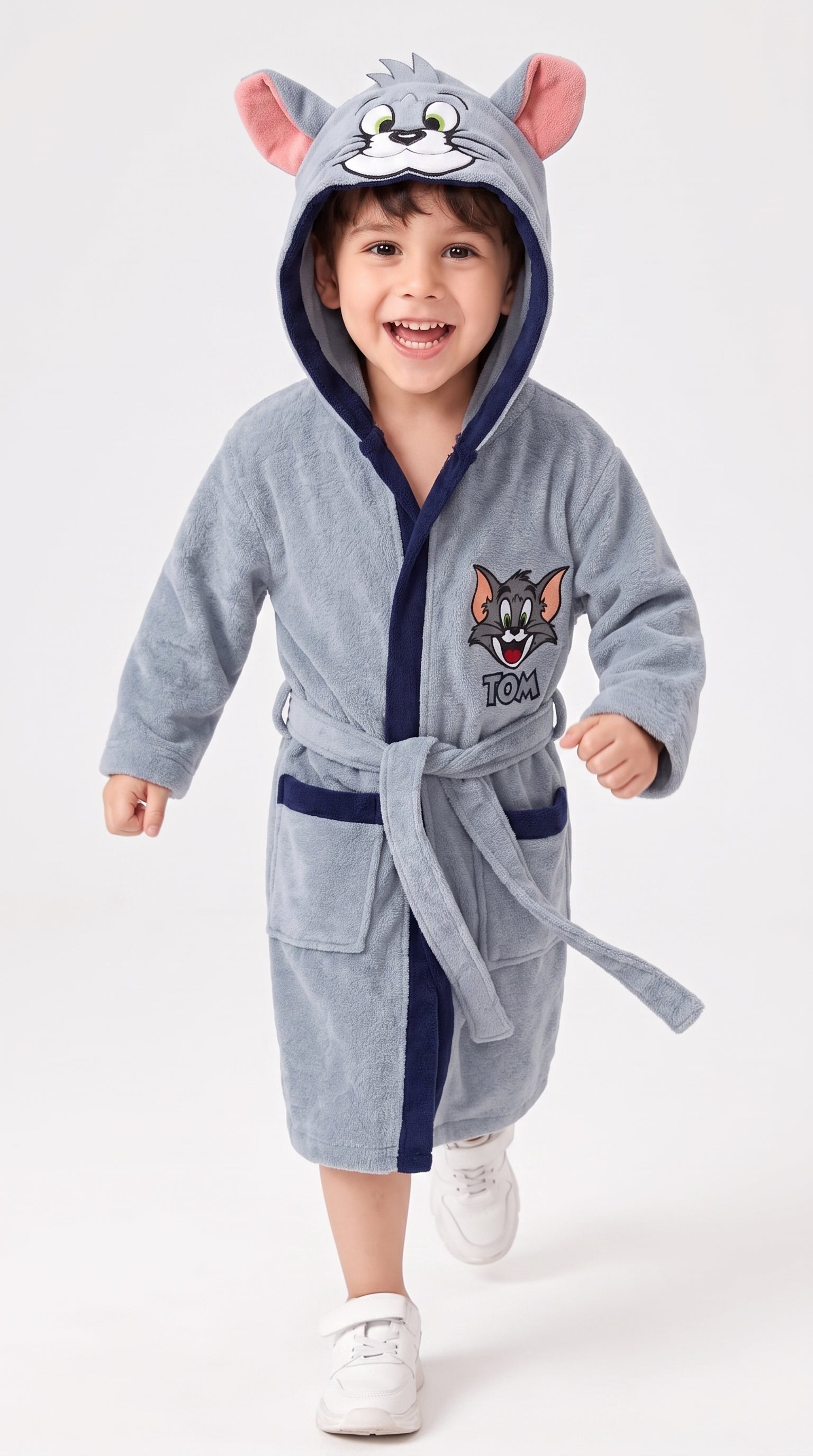 Tom Hooded Kids Bathrobe – Light Grey & Navy Blue (Ages 4, 6, & 8)