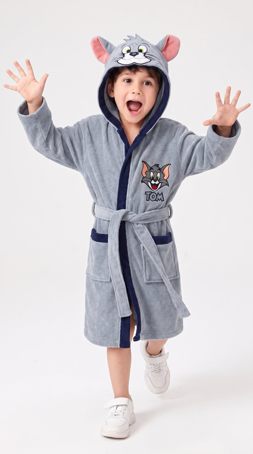 Tom Hooded Kids Bathrobe – Light Grey & Navy Blue (Ages 4, 6, & 8)