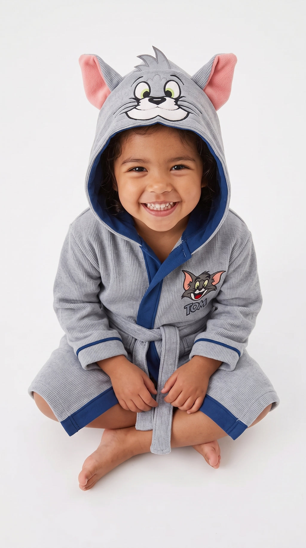 Tom Hooded Kids Bathrobe – Light Grey & Navy Blue (Ages 4, 6, & 8)