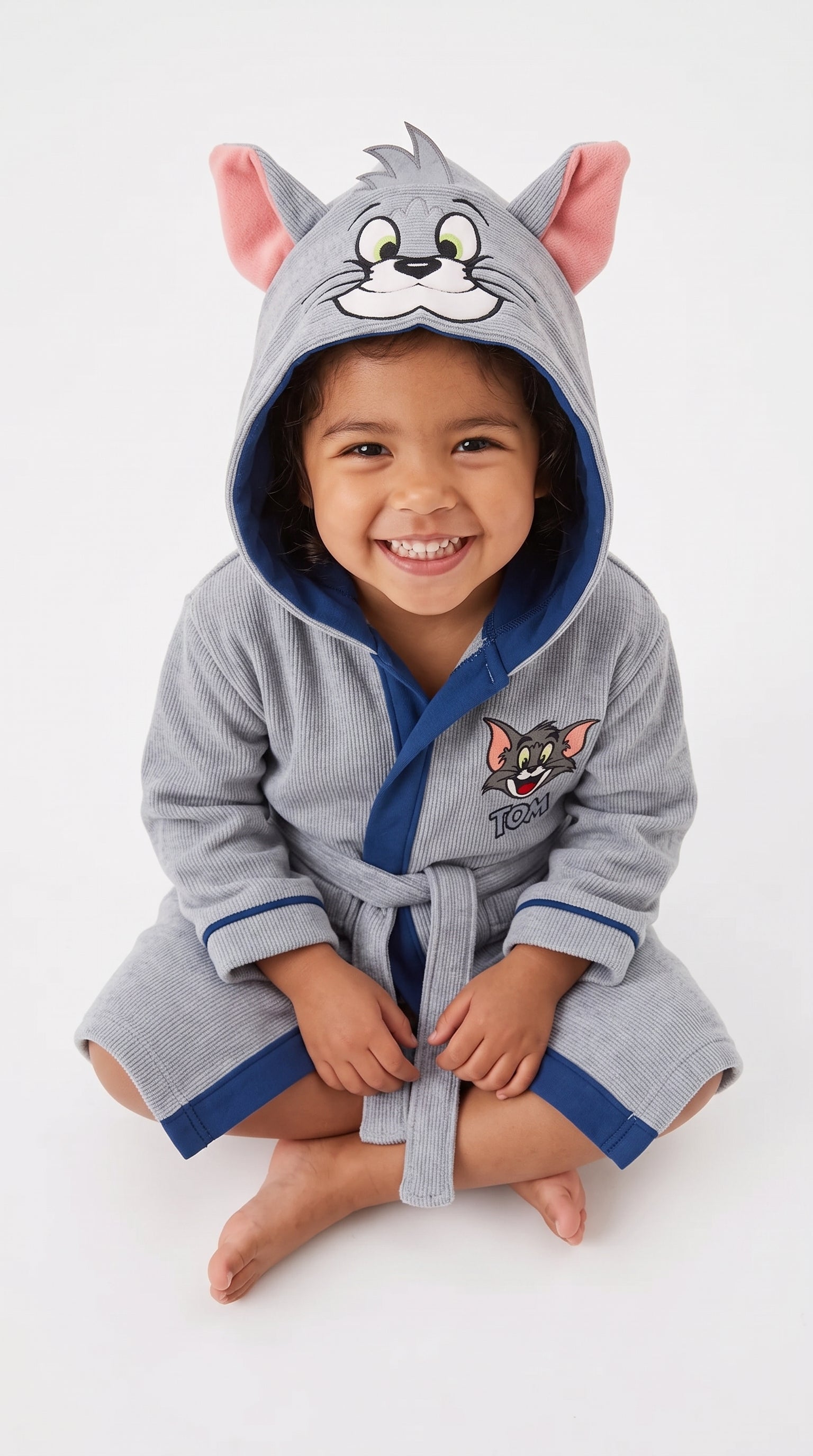 Tom Hooded Kids Bathrobe – Light Grey & Navy Blue (Ages 4, 6, & 8)