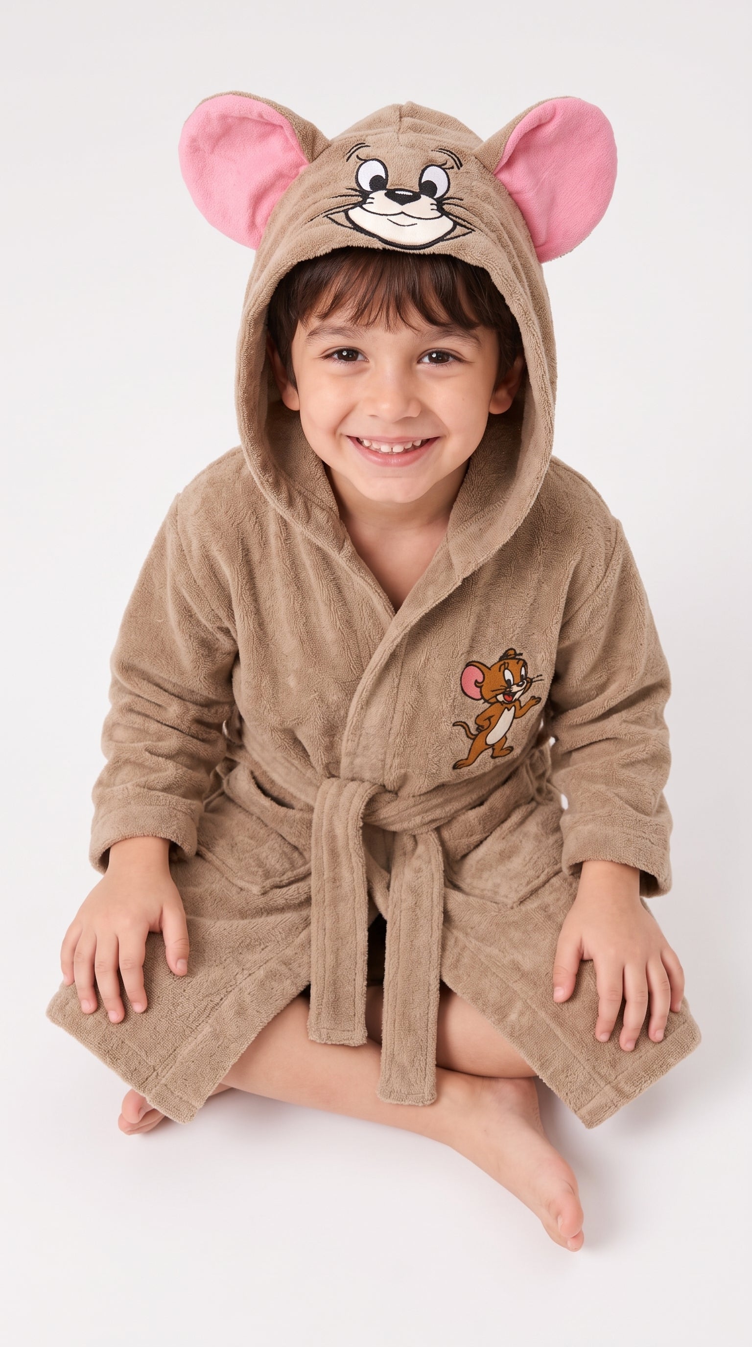 Jerry Hooded Kids Bathrobe – Beige & Pink (Ages 4, 6, & 8)