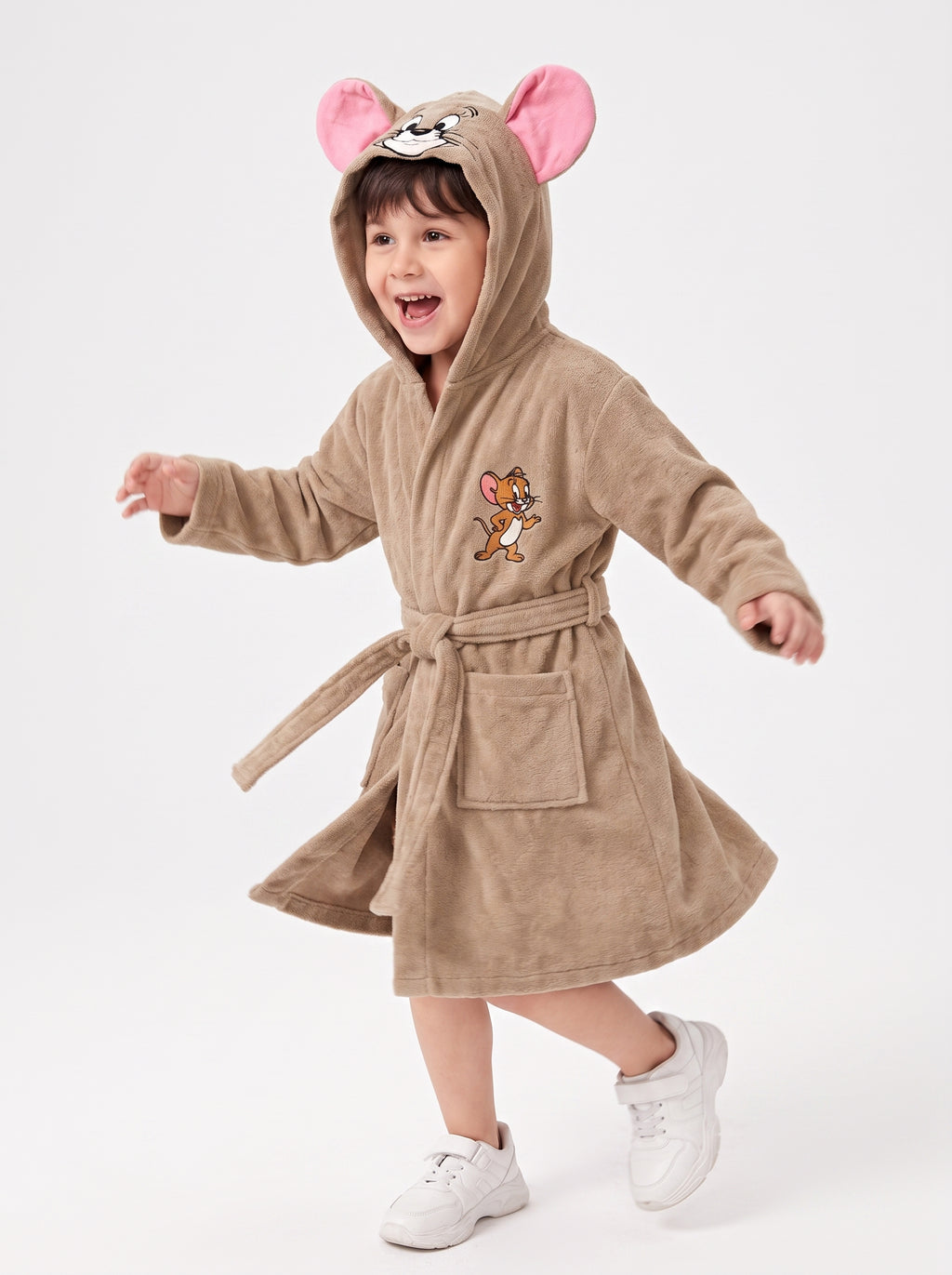 Jerry Hooded Kids Bathrobe – Beige & Pink (Ages 4, 6, & 8)