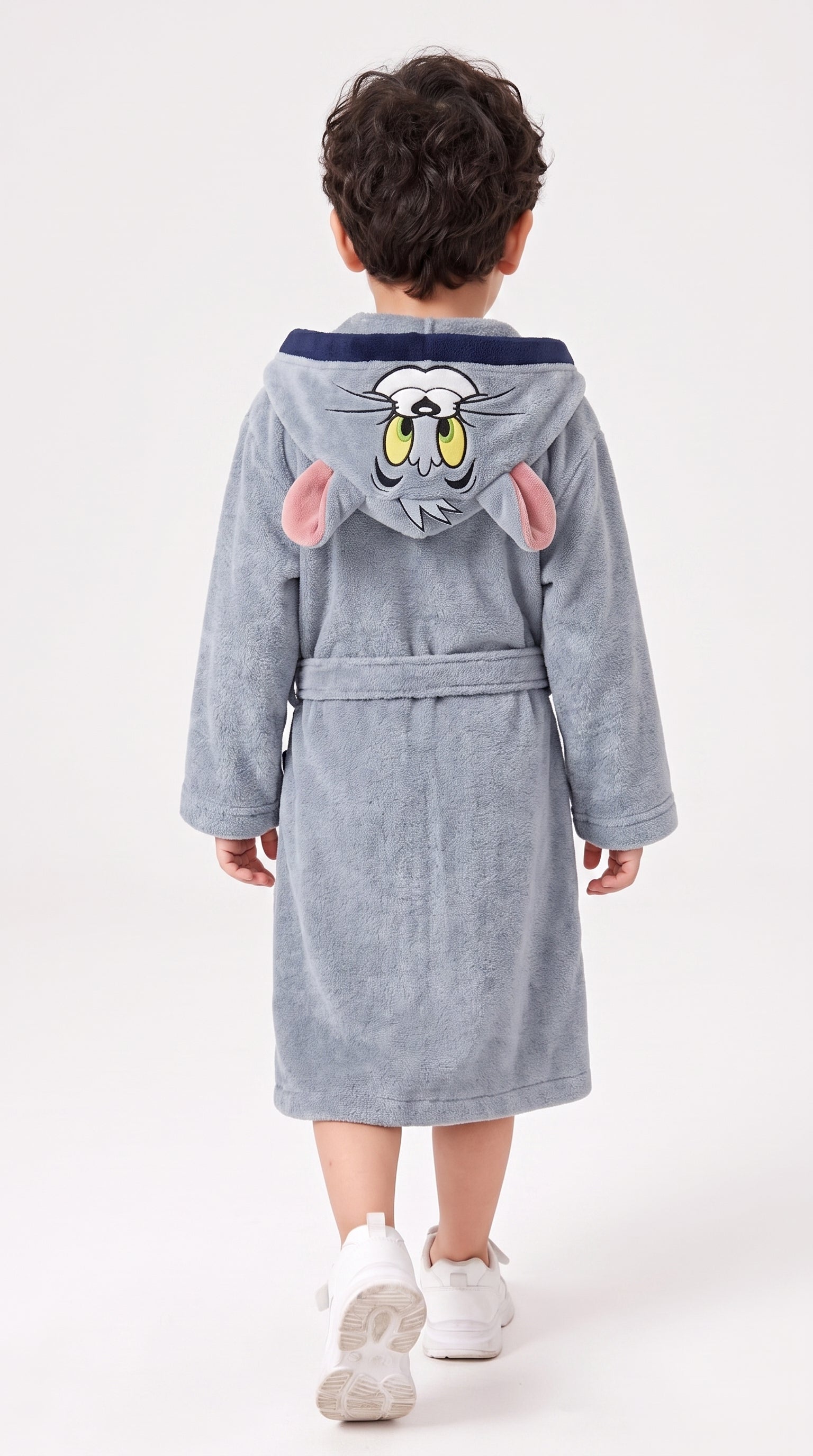 Tom Hooded Kids Bathrobe – Light Grey & Navy Blue (Ages 4, 6, & 8)