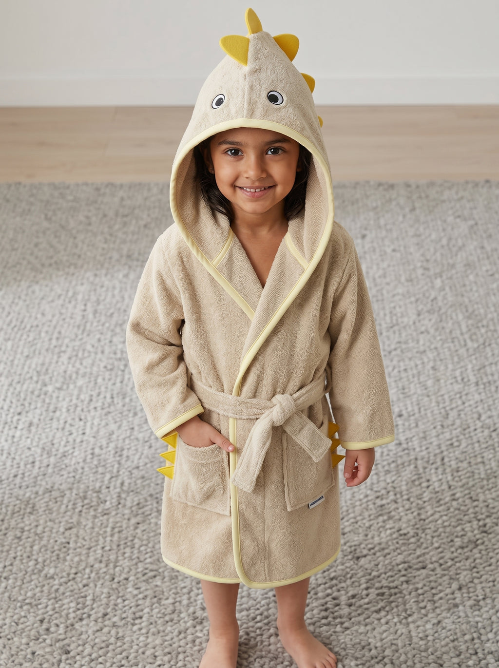 Yellow dino Kids Bathrobe – Soft & Cozy | For Kids Aged 4-8 Years