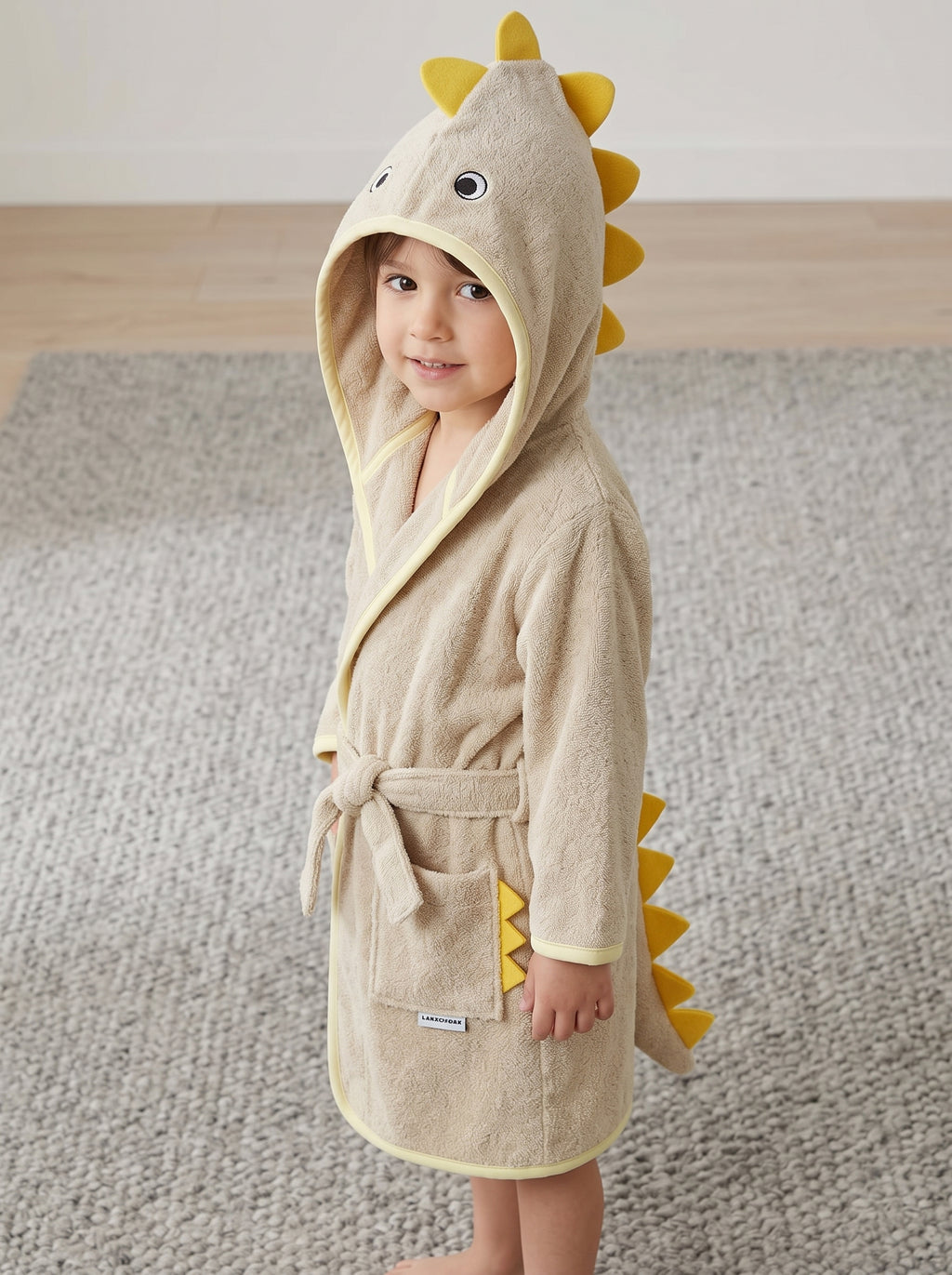 Yellow dino Kids Bathrobe – Soft & Cozy | For Kids Aged 4-8 Years