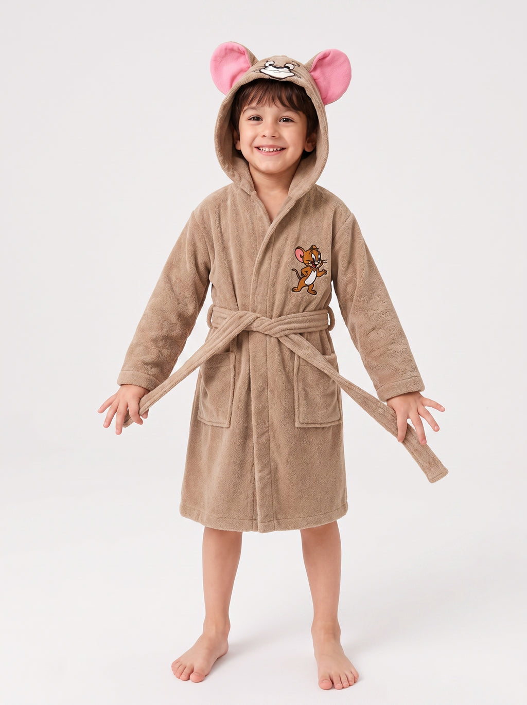 Jerry Hooded Kids Bathrobe – Beige & Pink (Ages 4, 6, & 8)
