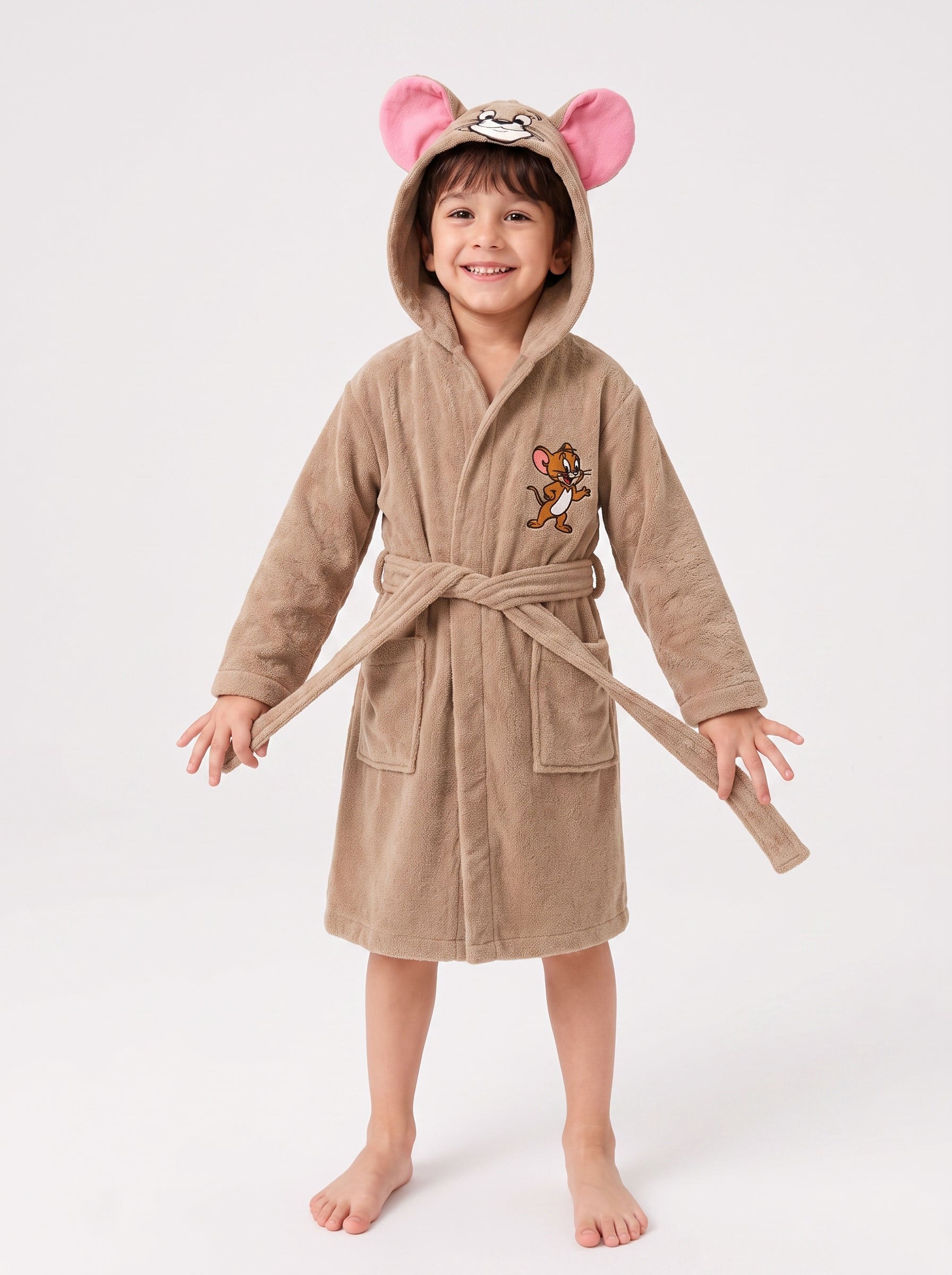 Jerry Hooded Kids Bathrobe – Beige & Pink (Ages 4, 6, & 8)