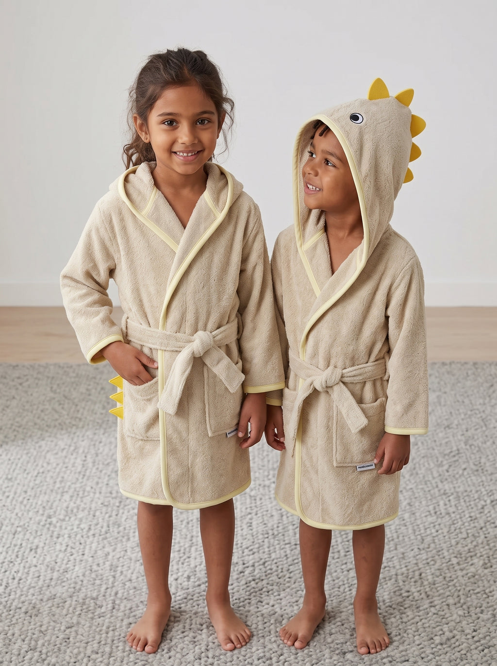 Yellow dino Kids Bathrobe – Soft & Cozy | For Kids Aged 4-8 Years