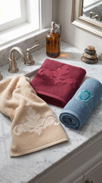 Pack of 3 Embroidered Hand Towels | Maroon, Beige & Teal, 100% Cotton, 50x90cm