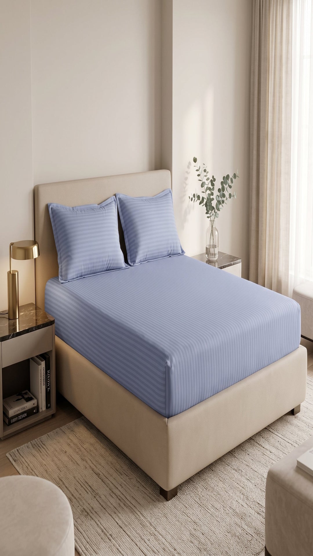Ice Blue Stripe Fitted Bedsheet – King Size | 100% Micro Cotton Elastic Deep Pocket Bed Sheet