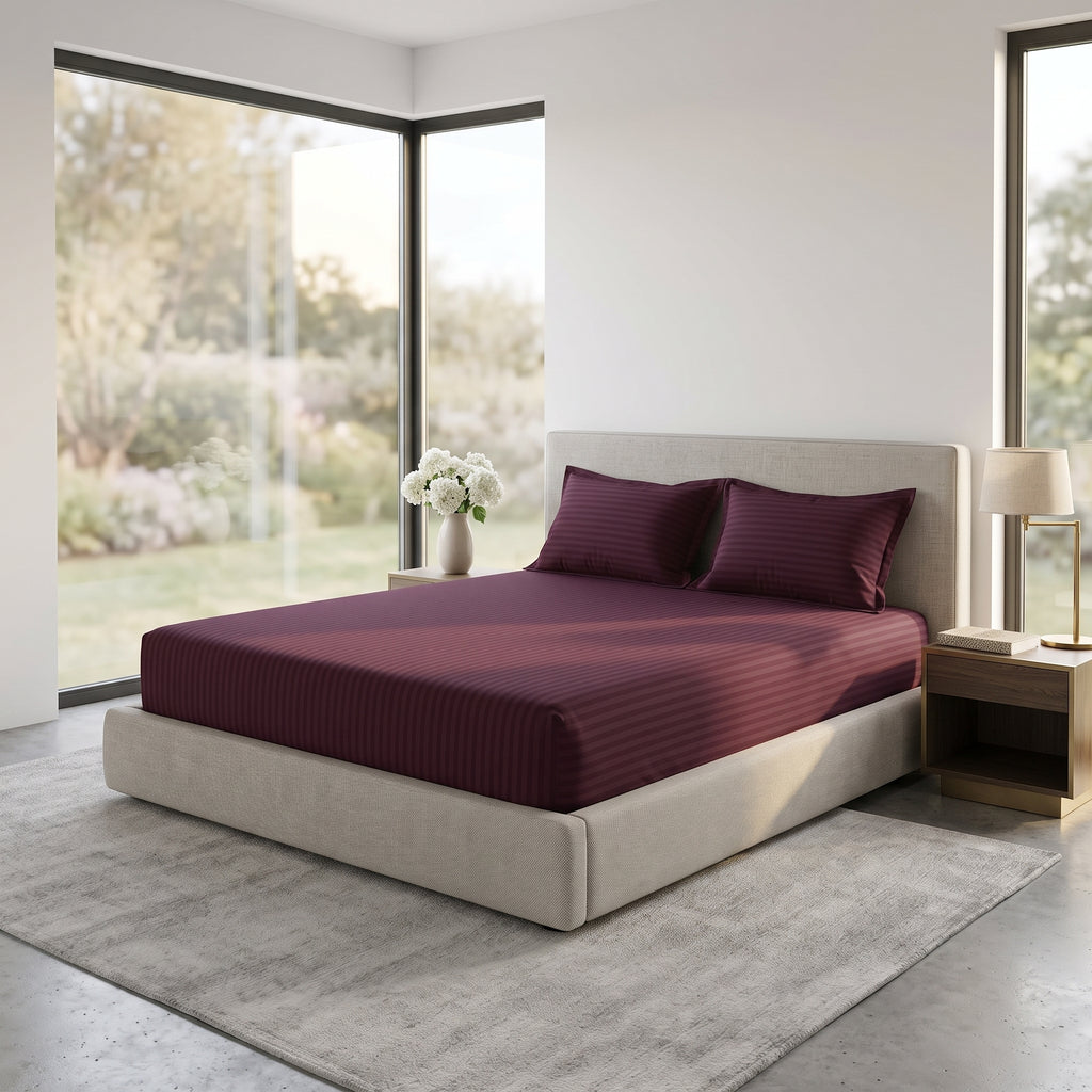 Deep Red Stripe Fitted Bedsheet – King Size | 100% Micro Cotton Elastic Deep Pocket Bed Sheet