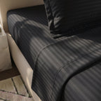 Black Stripe Fitted Bedsheet – King Size | 100% Cotton Elastic Deep Pocket Bed Sheet for Bedroom
