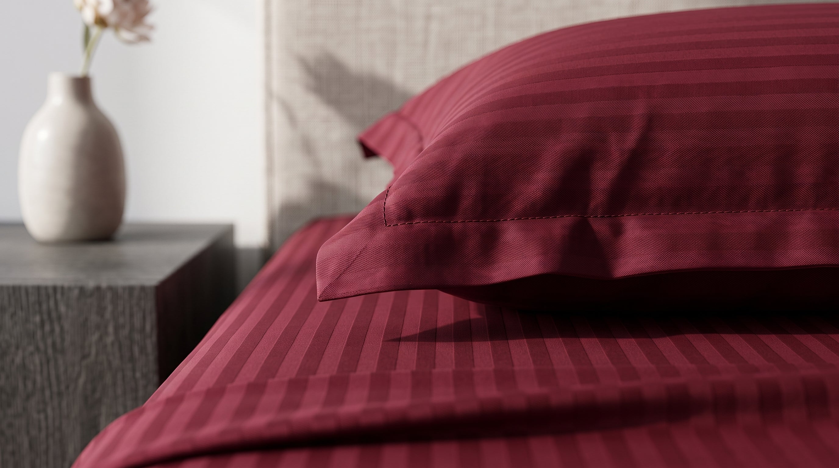 Deep Crimson Red Satin Stripe Fitted Bedsheet Set - King Size | Includes 2 Pillow Covers | Premium Cotton Bedding
