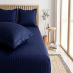 Navy Blue Stripe Fitted Bedsheet Set - King Size | Includes 2 Pillow Covers | Micro Cotton Bedding
