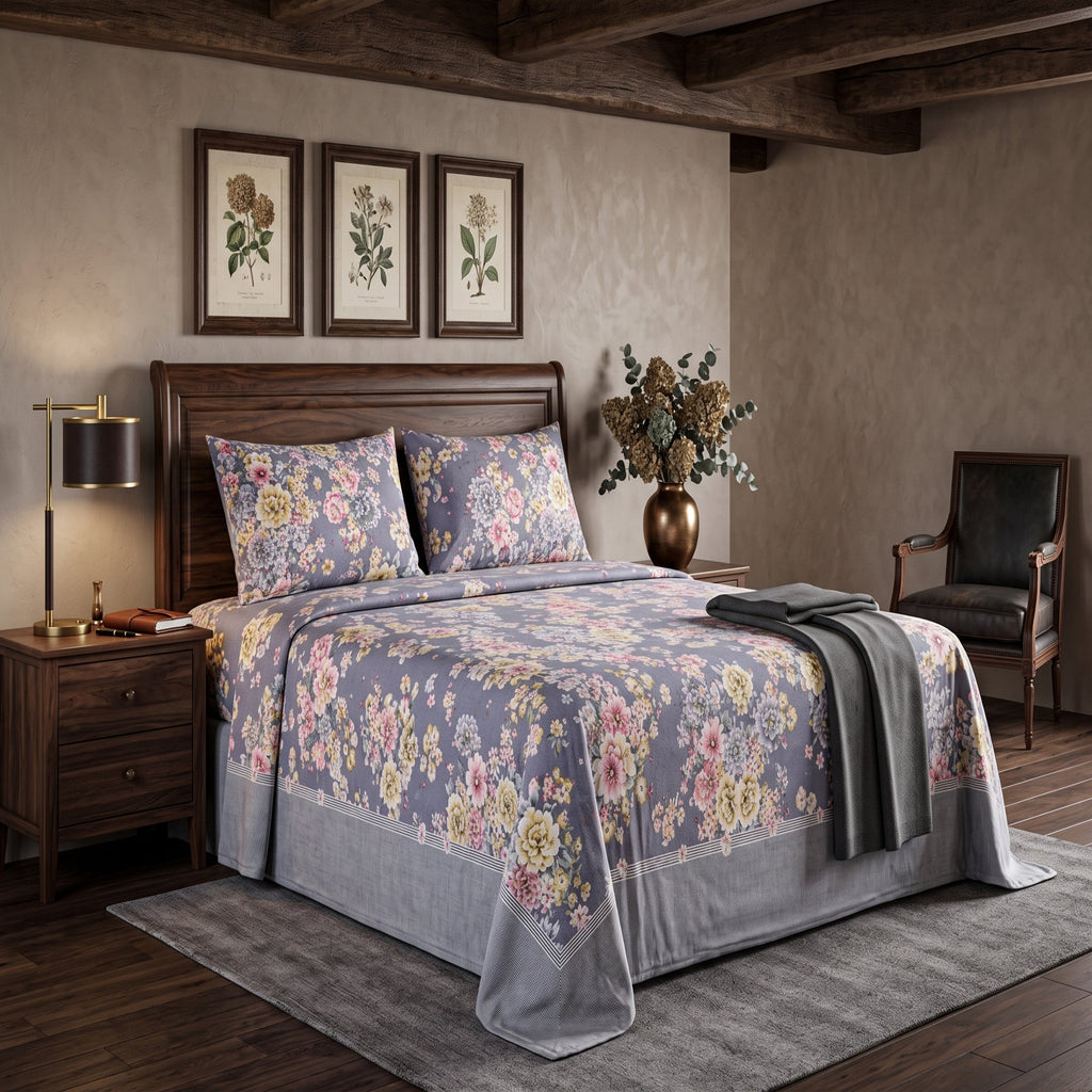 Micro Rich Cotton Double Bed Bedsheet Set – 93x96 | Soft & Elegant | Grey Floral Cotton Bedsheet Set – Elegant Bedding