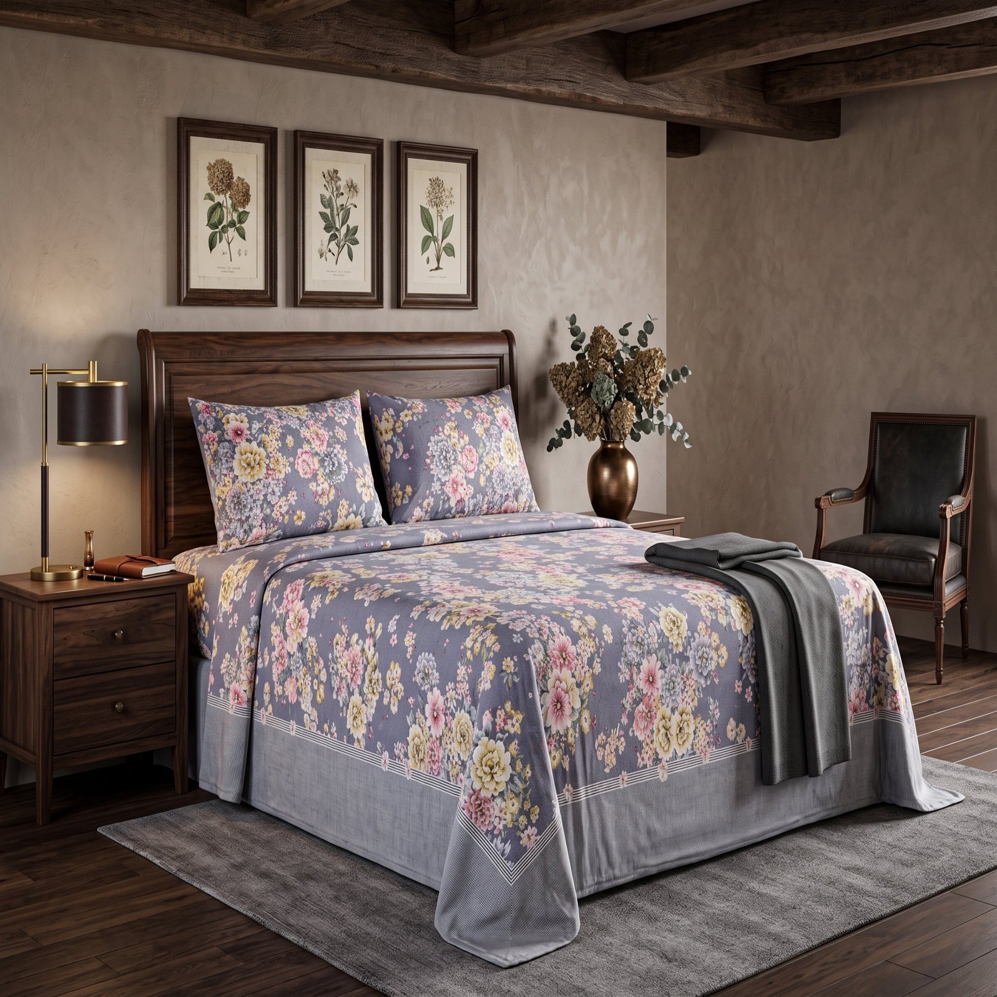 Micro Rich Cotton Double Bed Bedsheet Set – 93x96 | Soft & Elegant | Grey Floral Cotton Bedsheet Set – Elegant Bedding