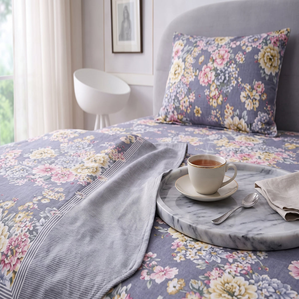 Micro Rich Cotton Double Bed Bedsheet Set – 93x96 | Soft & Elegant | Grey Floral Cotton Bedsheet Set – Elegant Bedding
