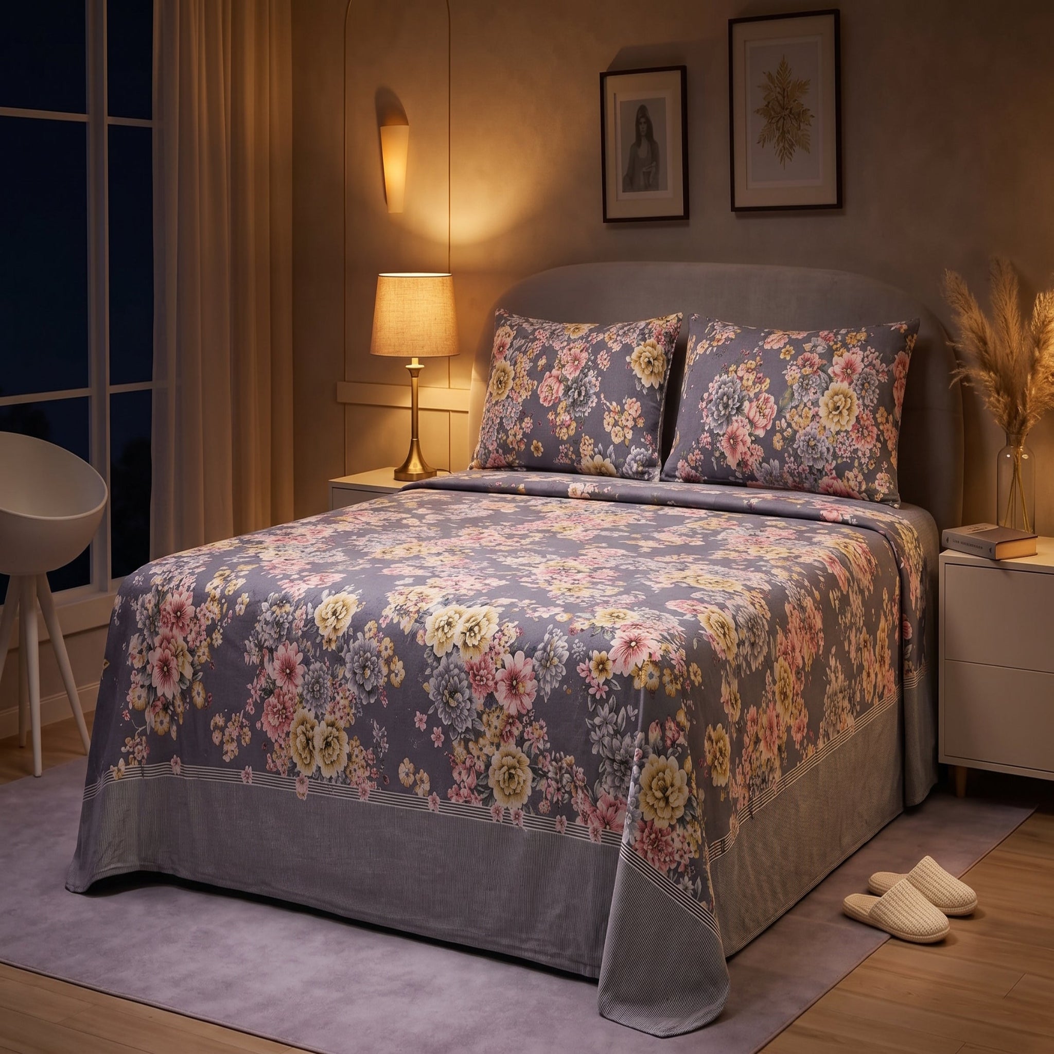Micro Rich Cotton Double Bed Bedsheet Set – 93x96 | Soft & Elegant | Grey Floral Cotton Bedsheet Set – Elegant Bedding