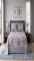 Micro Rich Cotton Double Bed Bedsheet Set – 93x96 | Soft & Elegant | Grey Floral Cotton Bedsheet Set – Elegant Bedding