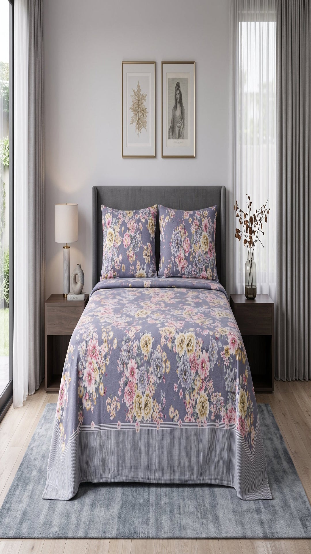 Micro Rich Cotton Double Bed Bedsheet Set – 93x96 | Soft & Elegant | Grey Floral Cotton Bedsheet Set – Elegant Bedding