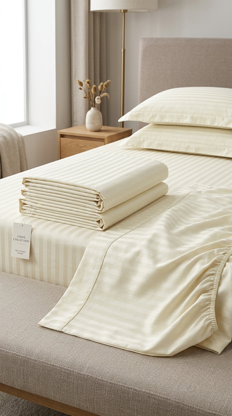 Ivory Stripe Fitted Bedsheet Set – King Size, Sateen Cotton