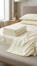 Ivory Stripe Fitted Bedsheet Set – King Size, Sateen Cotton