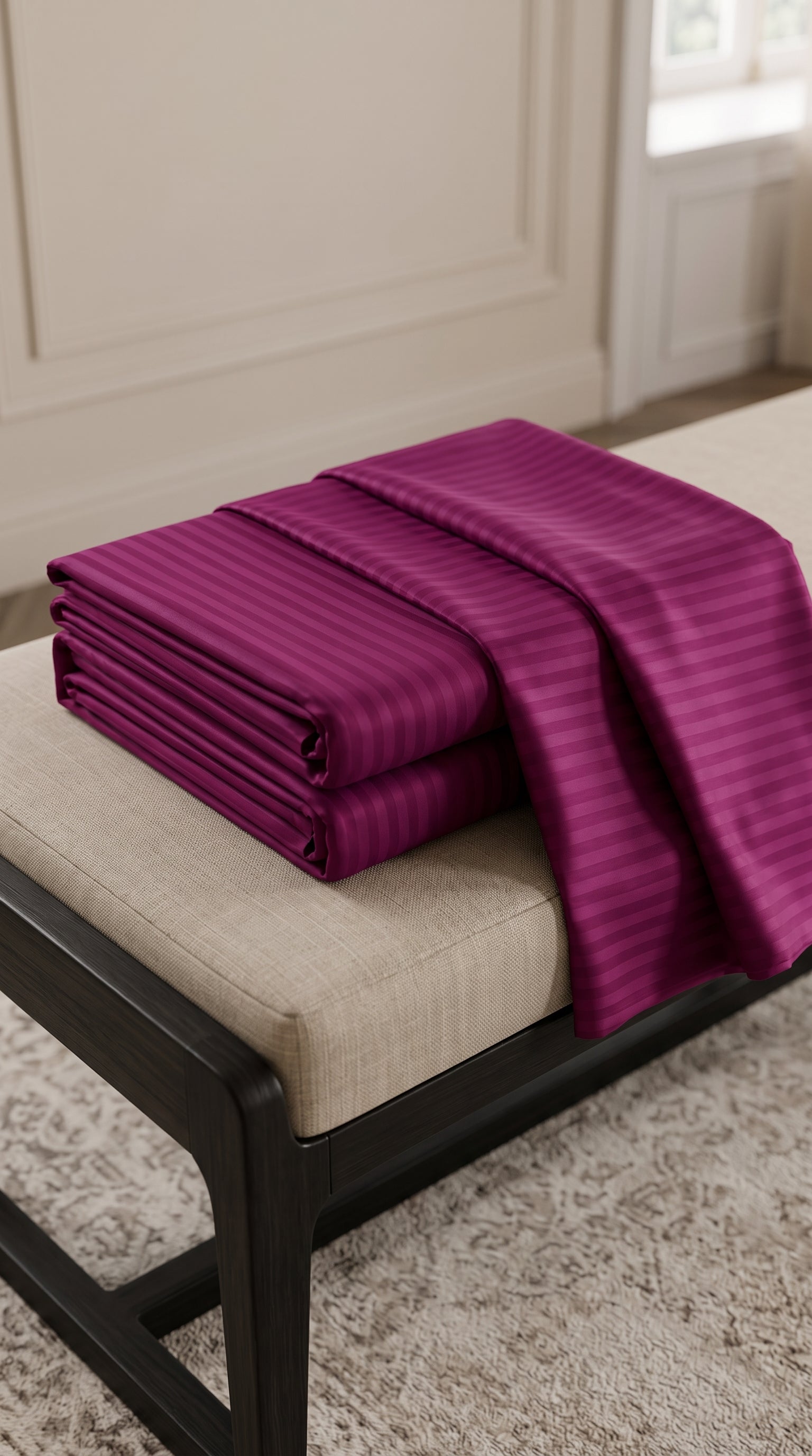 Plum Magenta Stripe Fitted Bedsheet – King Size | Micro Cotton, Soft & Breathable