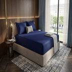 Navy Blue Stripe Fitted Bedsheet Set - King Size | Includes 2 Pillow Covers | Micro Cotton Bedding