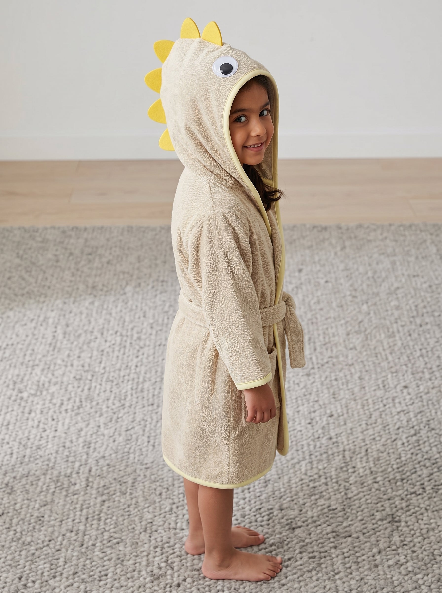 Yellow dino Kids Bathrobe – Soft & Cozy | For Kids Aged 4-8 Years