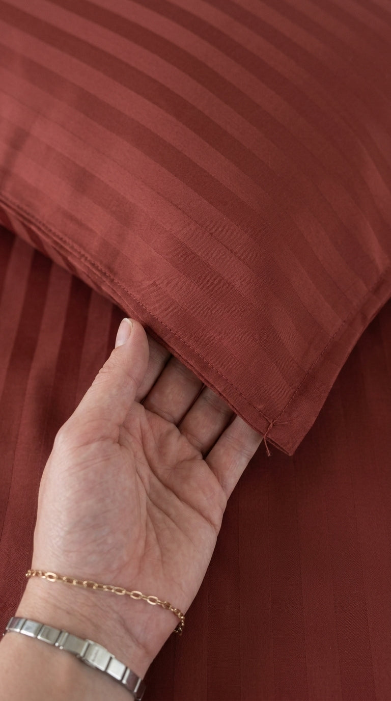 Burgundy Stripe Fitted Bedsheet Set – King Size, Sateen Cotton