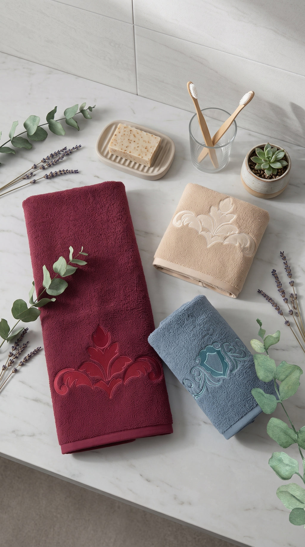 Pack of 3 Embroidered Hand Towels | Maroon, Beige & Teal, 100% Cotton, 50x90cm