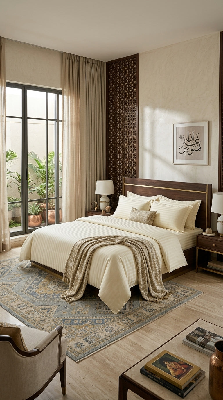 Ivory Stripe Fitted Bedsheet Set – King Size, Sateen Cotton