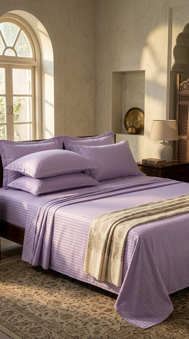 Lavender Stripe Fitted Bedsheet Set – King Size, Sateen Cotton