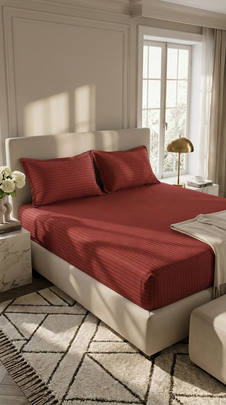 Burgundy Stripe Fitted Bedsheet Set – King Size, Sateen Cotton