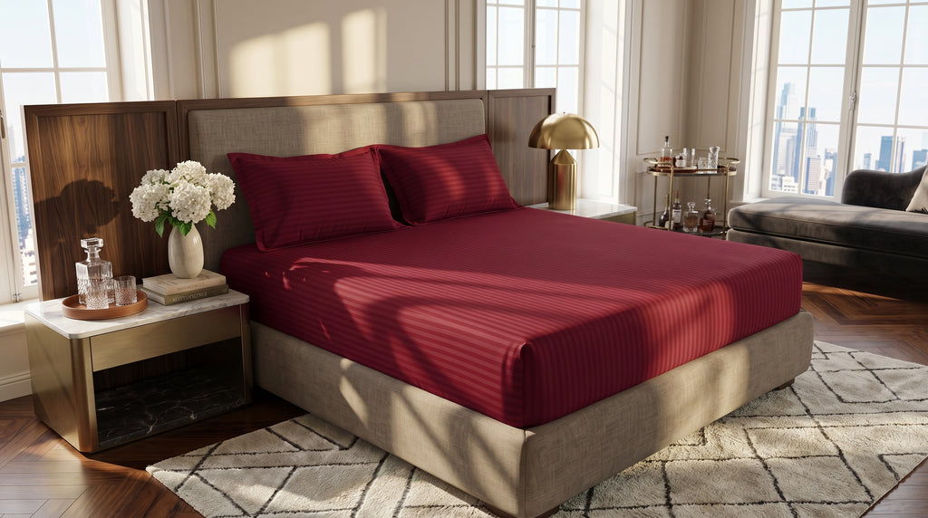 Deep Crimson Red Satin Stripe Fitted Bedsheet Set - King Size | Includes 2 Pillow Covers | Premium Cotton Bedding