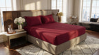 Deep Crimson Red Satin Stripe Fitted Bedsheet Set - King Size | Includes 2 Pillow Covers | Premium Cotton Bedding