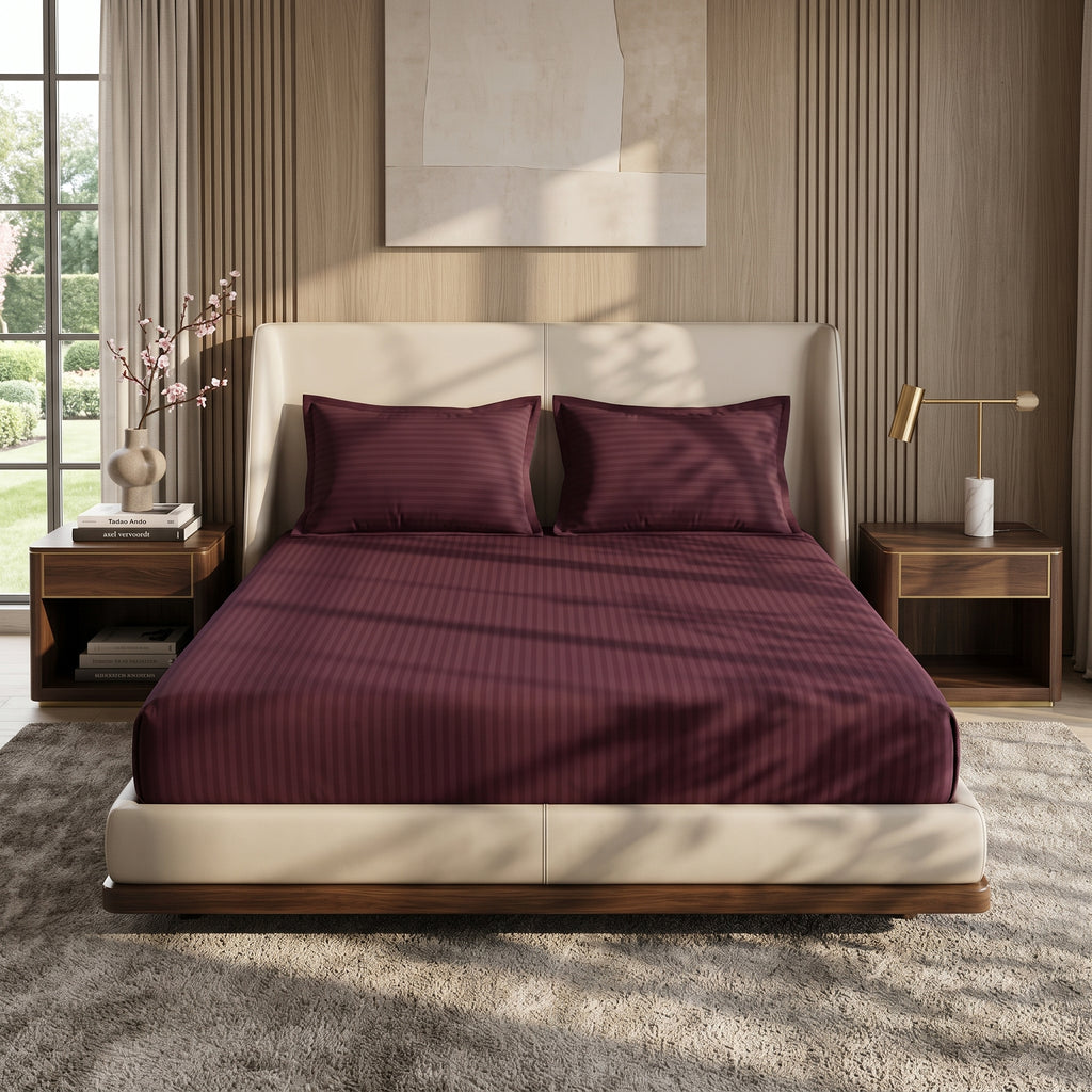 Deep Red Stripe Fitted Bedsheet – King Size | 100% Micro Cotton Elastic Deep Pocket Bed Sheet