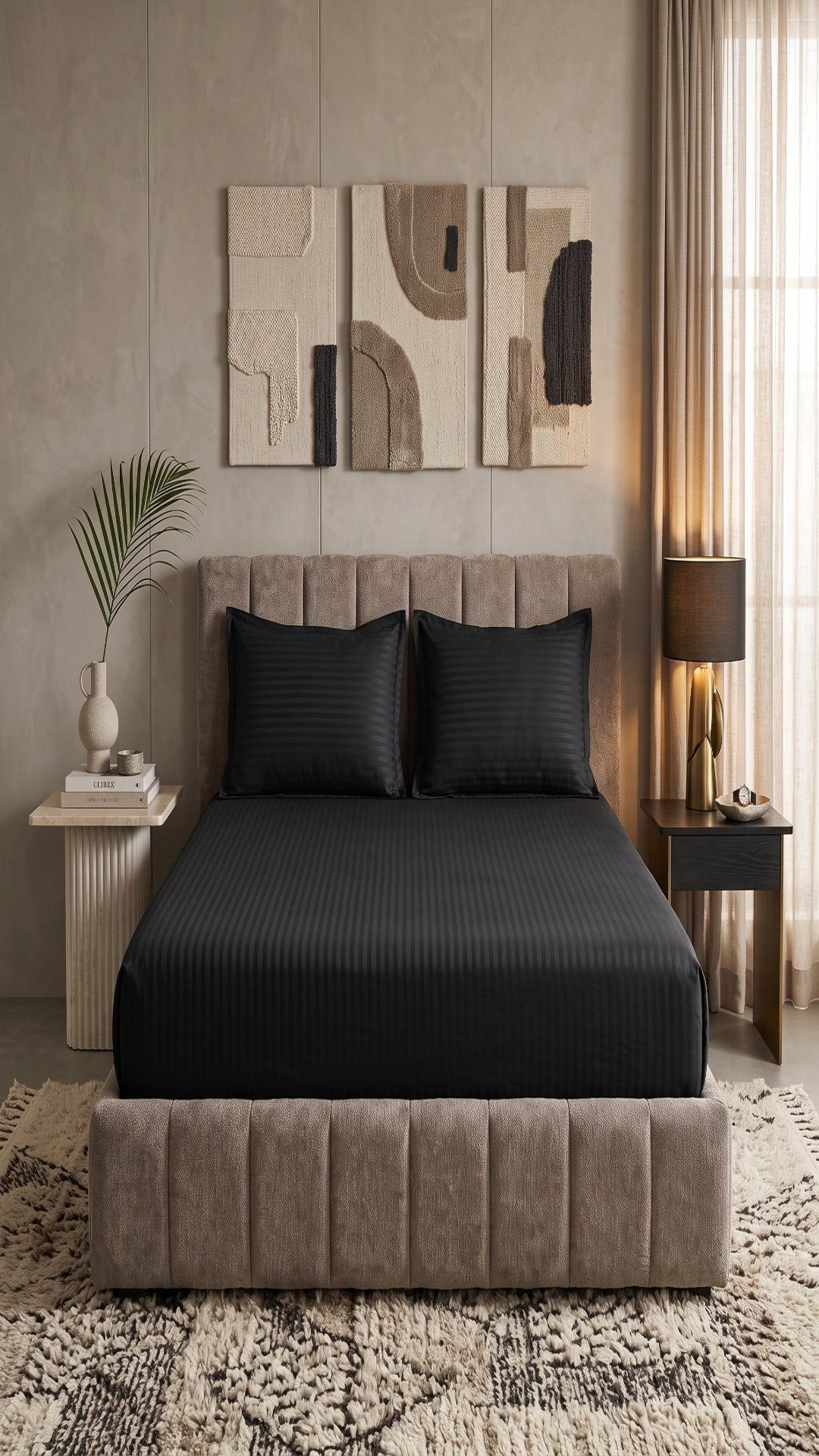 Black Stripe Fitted Bedsheet – King Size | 100% Cotton Elastic Deep Pocket Bed Sheet for Bedroom