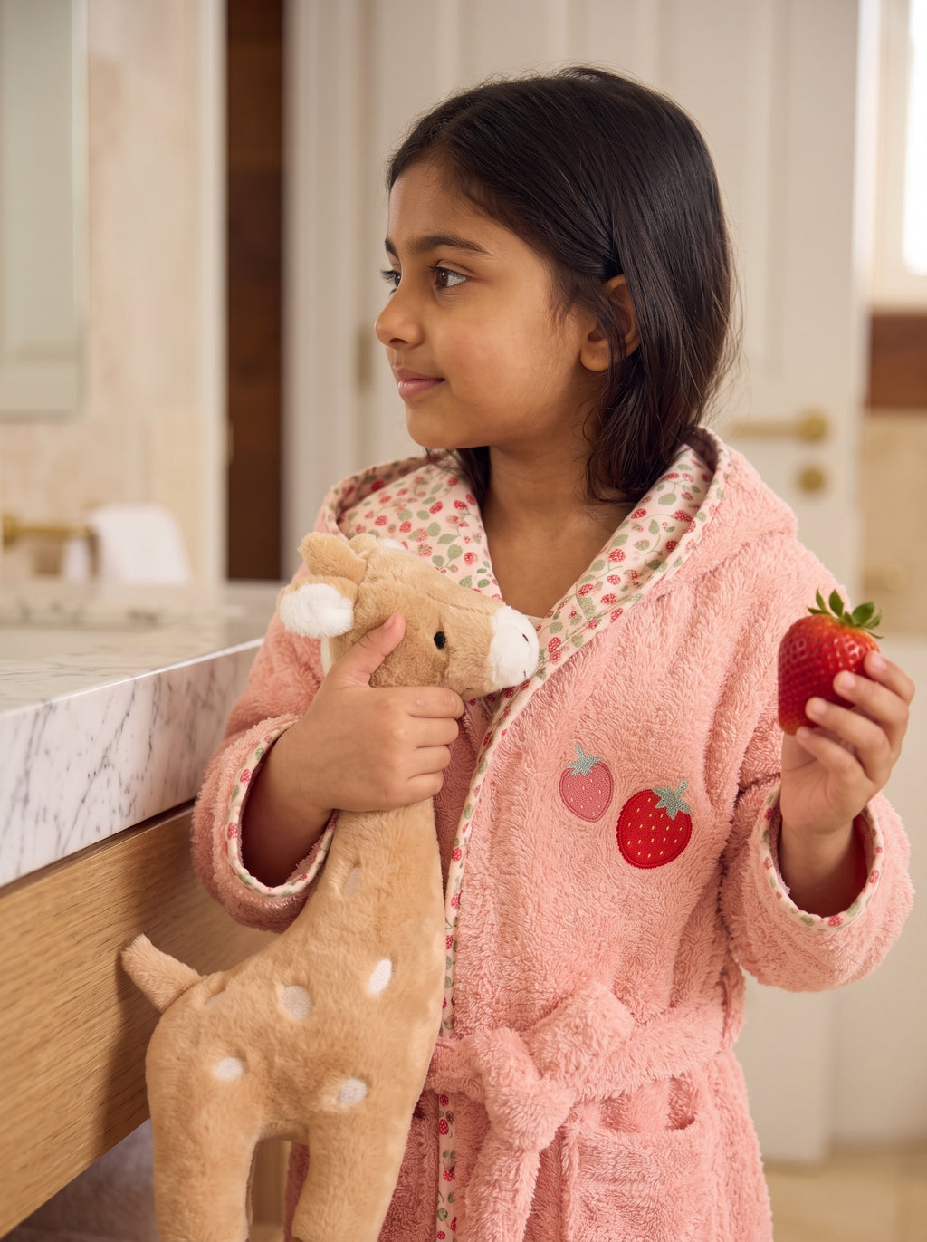 Strawberry Hooded Kids Bathrobe – Pink (Ages 1 to 3 Years)
